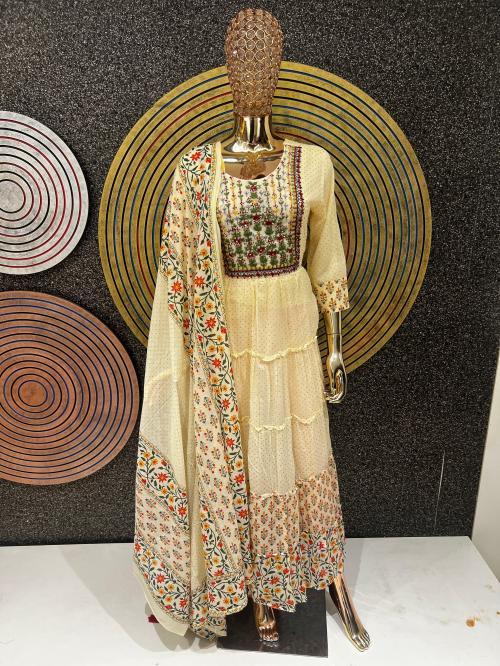 Protsahan Cotton cloth, Print Dupatta, Resham work Frock Set (Beige_XXL)