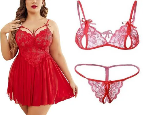 FASHION BONES Plus Size Combo Lingerie Lace Babydoll Womens Strap Chemise Nightgown V Neck Nighty Mesh Sleepwear Side Slit Nightdress (Red) (XXL)
