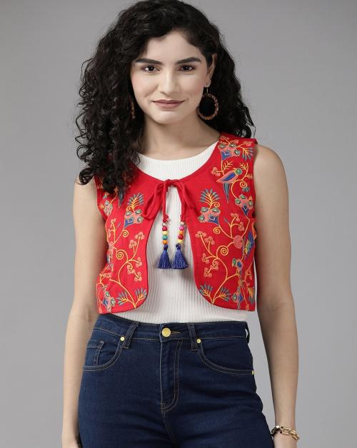 Aarika Womens Red Color Cotton Ethnic Jacket