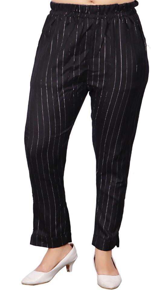 Alina Beyond Fashion Women's Black Striped Cotton Blend Cigarette Trousers
