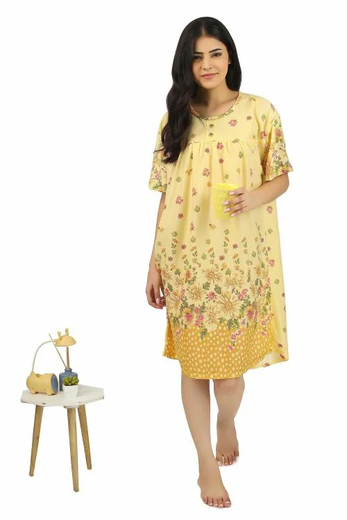 AUREA Night Gown for Women | Night Wear | Cotton Night Wear Knee Length Short | Nighty Dress | Comfortable Maxi Dress | Short Length | Stylish Sleepwear | Fancy Sleepwear Nightwear (Yellow)