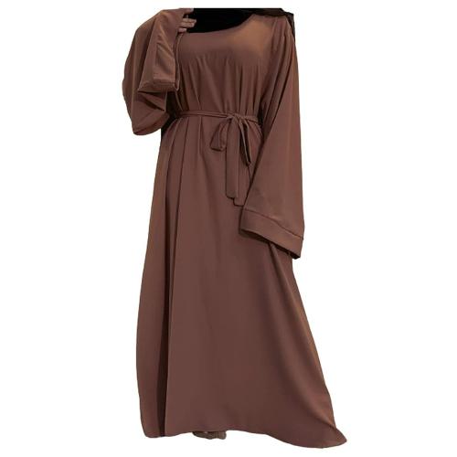 Barakath Dubai Long Muslim Women Islamic Dresses Plain Simple Abaya With Belt Style_Brown_XL