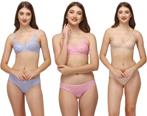 Classic Selection Women's Lingerie Set Babydoll Swimwear Hot Nighty Wedding Night Bra Panty Set Combo 3 Sets BindiyaSet(CB_2-3)Skn-Sky-Pnk-34