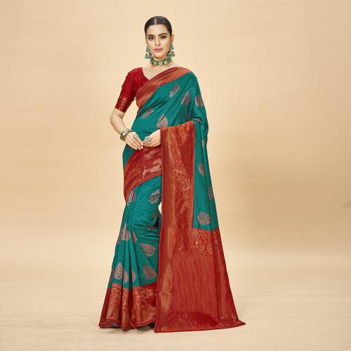 Zinariya Fab Self Design Banarasi Jacquard Saree (Firozi)