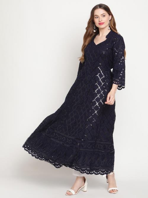 Queenley Women's Navy Blue Cotton Chikankari Ankle Length Anarkali Kurti