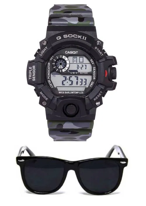 Zuperia Combo Of Multifunctional Military Strap Digital Watch With Stylish Sunglasses For Boys (Green)