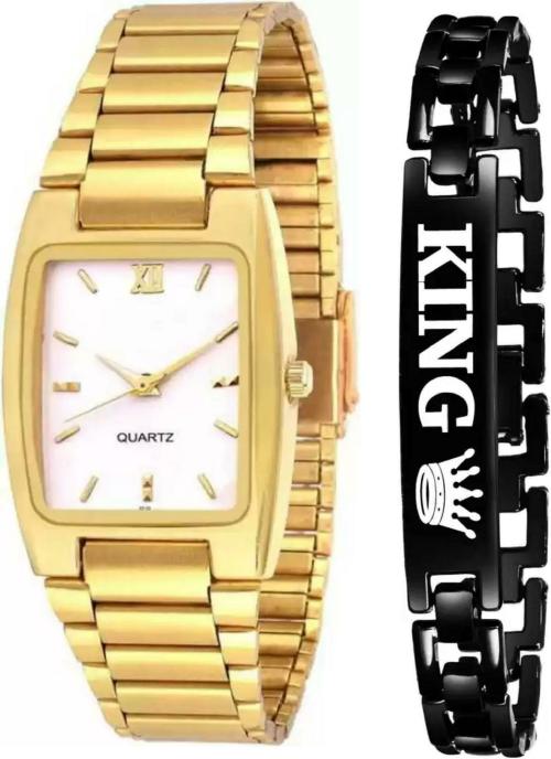 Selloria Analog White Dial Gold Strap Watch with Black Band for Boys