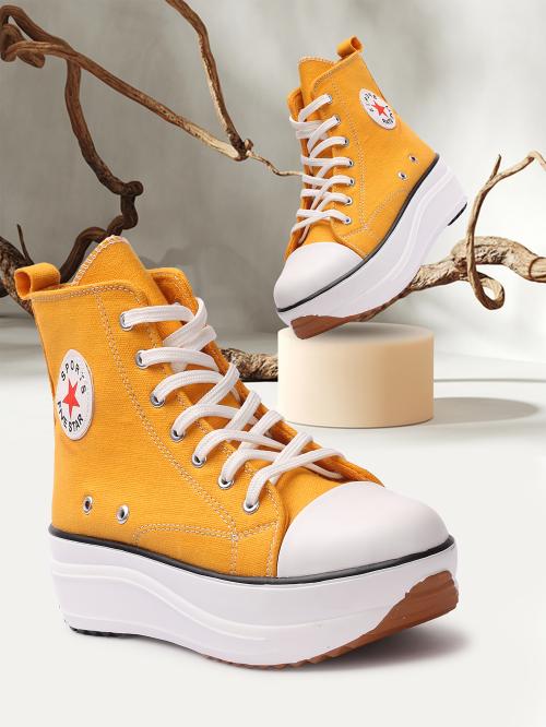 FLYNCE Yellow Boots for Women - Embellished Casual High Top Ankle Boots - Ankle Boot Shoe - Chunky Ankle Length Shoes for Women and Girls