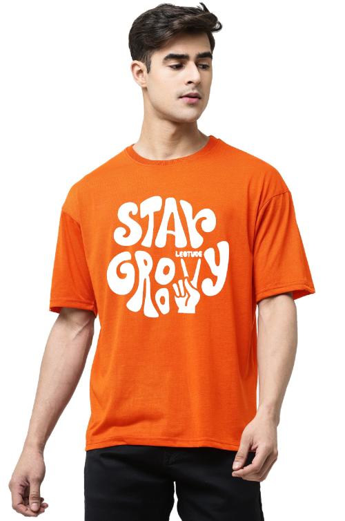 Leotude Mens Printed Round Neck Drop Shoulder Half Sleeve Cotton Blend Oversized T-Shirt | Tshirts