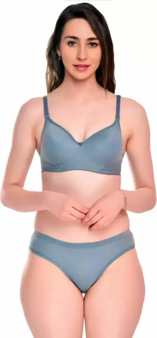 N-KUWARI Women Half cup Non Padded and Non Wired Bra Panty set - Blue - 34B