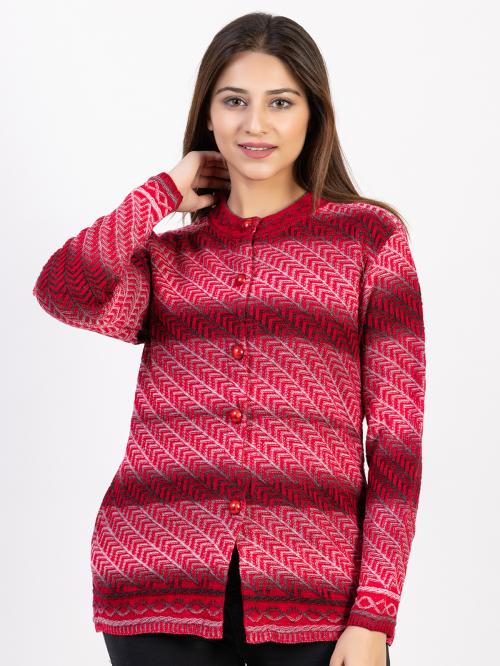 Ekom Women's Winter Wear Woolen Banded Collar Sweater with Sides Pocket- Red