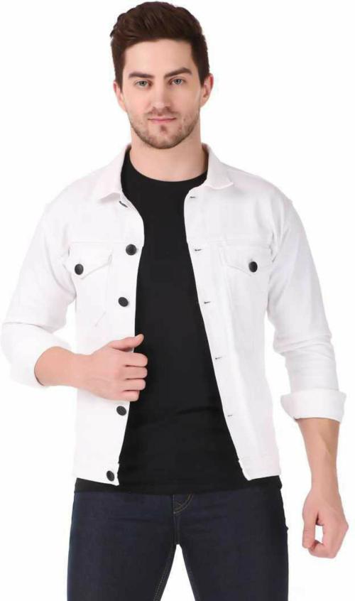 Skenjel Men White Self Design Denim Jacket