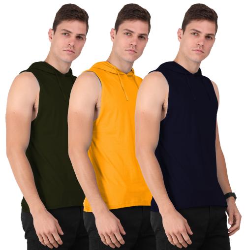 THE BLAZZE Men's Cotton Hooded Sleeveless Gym Tank Gym Stringer Tank Top Muscle Gym Bodybuilding Vest T-Shirt Combo Pack of 3