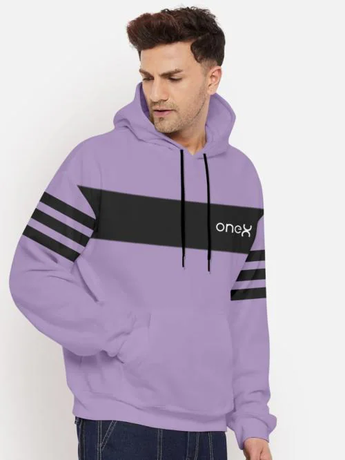 ONE-X Men Hoodie Purple Sweatshirt Fleece Full Sleeve Printed M