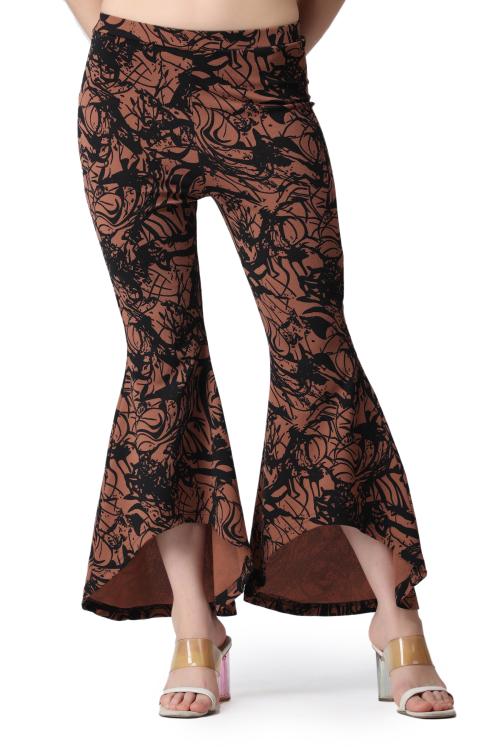 Popwings Casual Marble Print Flare Fit Chocolate Brown Solid Highrise Women Trouser ! Chocolate Brown Stretchable Printed Trousers for Women