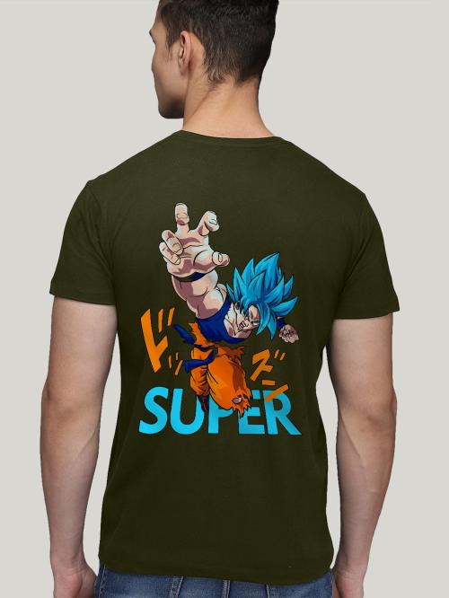 BLISSINK Super Saiyan Dragon Ball Z Front And Back Printed Olive Cotton Tshirt for Men