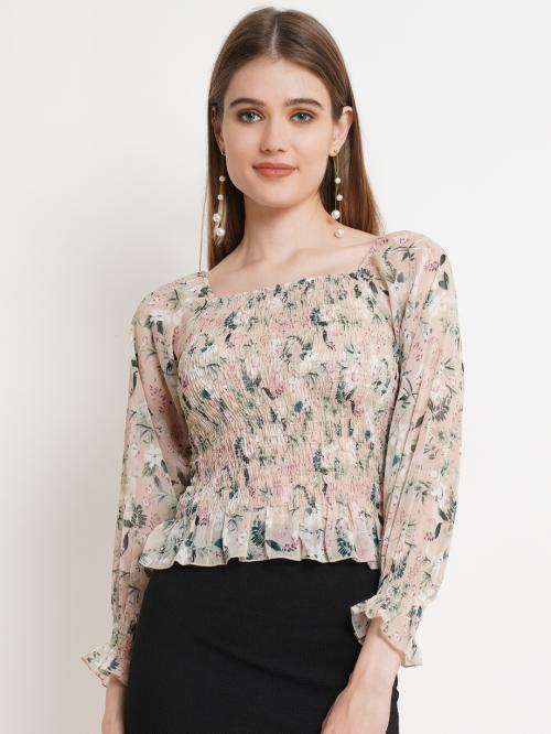 Popwings Casual Beige Floral Chiffon Smocking Fitted Women Crop Tops ! Multicolor Printed Regular Girls Croptops