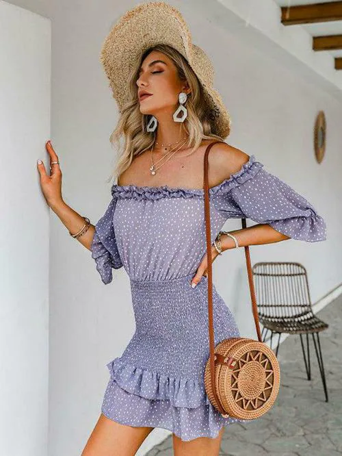 Women Blue Double Layer Off Shoulder Purple Polka Dot Short Tight Dress (M)