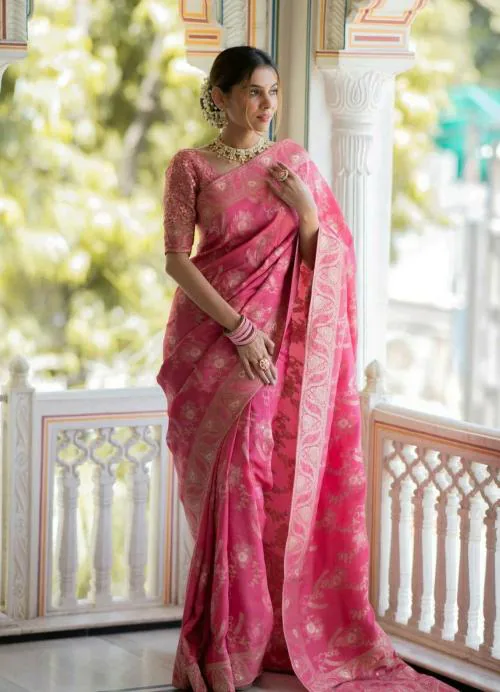 ZILVIRA Women JACQUARD Woven Design Work GAJRI PINK Color Saree For women,Women Saree,Sarees,Saree for Wedding,Wedding