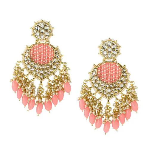 Kairangi by Yellow Chimes Pink Gold Plated Metal Traditional Kundan Stone Chand Baliyan Earrings for Women and Girls