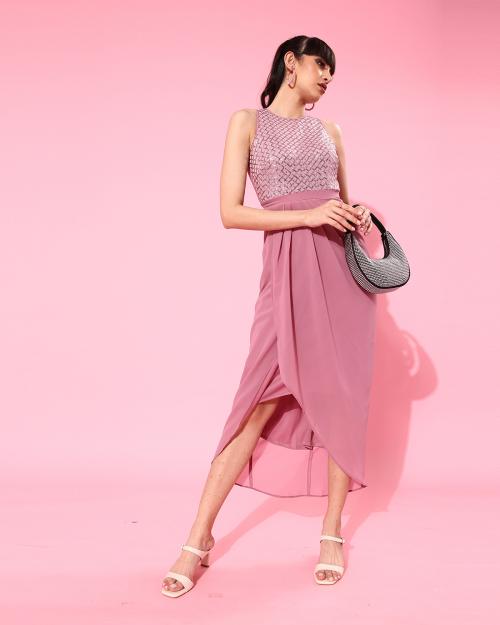 Miss Chase Women Lavender Embellished Georgette Single Fit And Flare Dresses