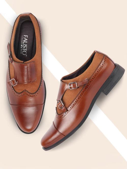 FAUSTO Men Tan Party Double Strap Monk Slip On Shoes (6 UK)
