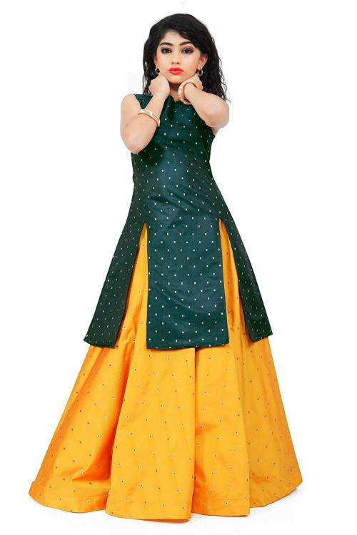 NOYYAL Kids Green & Yellow Cotton Silk Maxi Dress