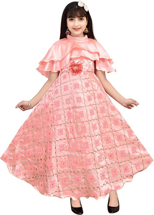 Roshni Garments Girls Pink Floral Print Silk Blend Gown Dress (10 - 11 Years)