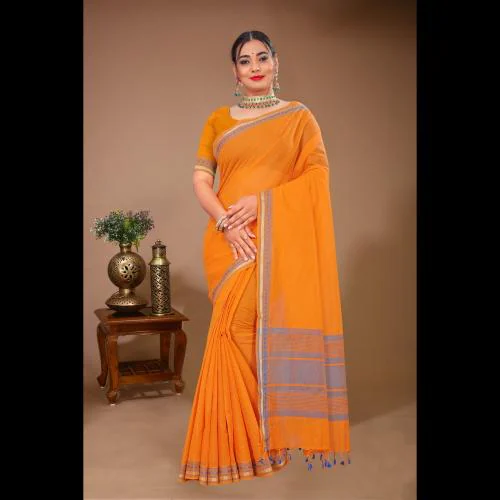 DORI DHAGA | Women's Cotton Printed Saree in Haldi Yellow with Grey Border and Unstitched Blouse Piece