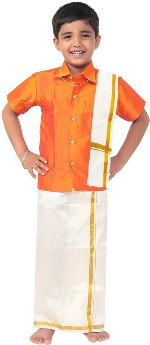 THANGAMAGAN Boy Orange Solid Art Silk Dhoti, Shawl and Shirt Set (11-12Y)