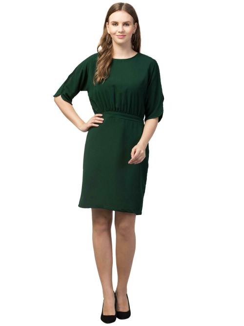 My Swag Women's Bottel Green Cut Sleeve Solid Sheath Dress