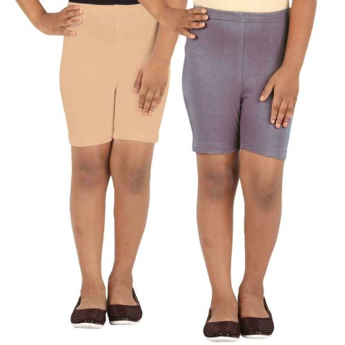 Lula Girls Grey and Tan Solid Cotton Spandex pack of 2 Shorts (11-12 Years)