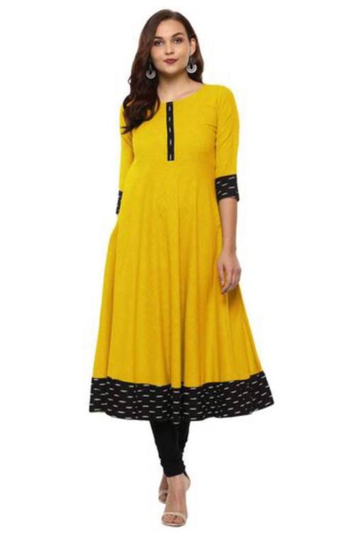 Reeta Fashion Yellow Color Cotton Plain Crepe Strip Kurti For Women
