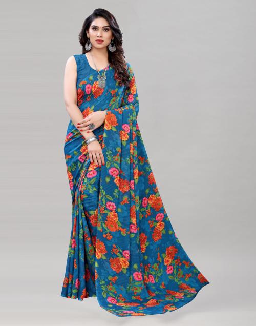 Siril Women Blue Printed Georgette Saree | sarees for Women| saree | sarees