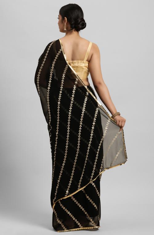 Janasya Women's Black Poly Georgette Printed Saree With Blouse Piece