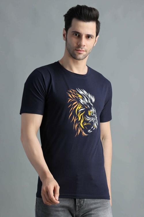 Blue Collars Men Lion Face Embroidered Round Neck Blue T-Shirt