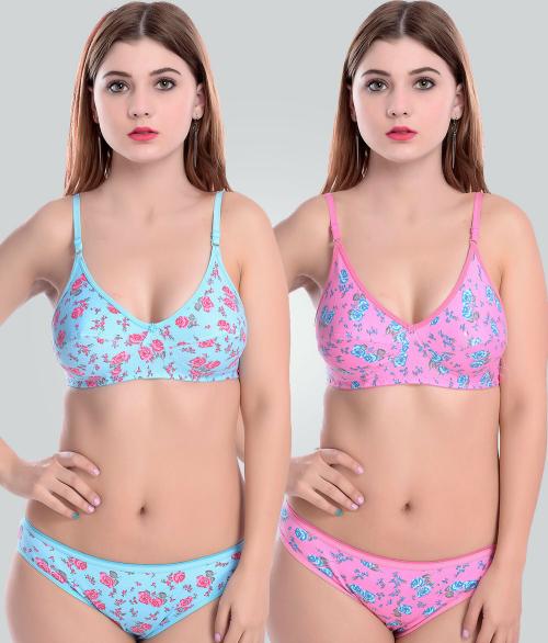 PIBU -Women Cotton Bra Panty Set for Lingerie Set ( Pack of 2) ( Color: Blue, Pink)
