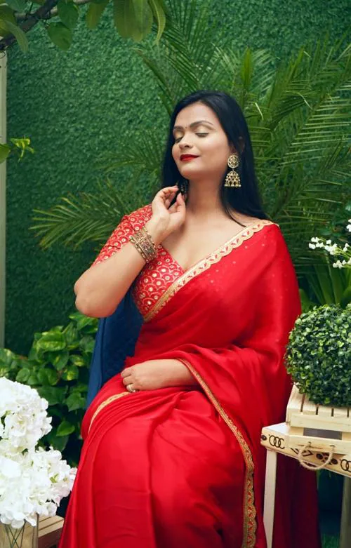 Wardrobe luxury women's Red satin saree with mirror work blouse piece