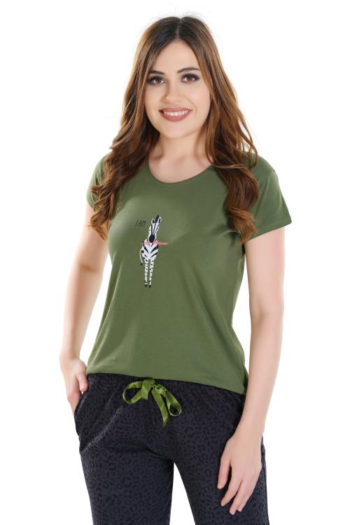 NIGHT VIEW Women's Summer Cotton Printed Top & Pajama Set For Women Green