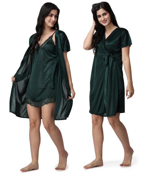 LOOK PLUS Satin Nighty Full Length 2 Pieces Nighty Dark Green (2 pcs Set of Nighty Pyjama Top Nighty, wrap Gown ) | Night Wear| Sleep Wear for Women (Free-Size 28 to 36 Regular)