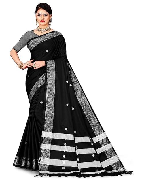 FAB SILK Women's Cotton Silk Zari Butti Weaving Work Traditional Saree With Blouse Piece (Black & Silver)