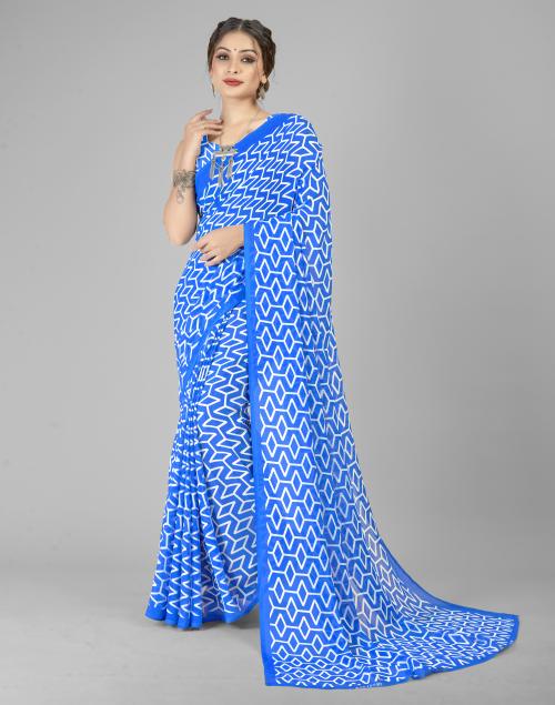 Anand Women Blue Geometric Pattern Georgette Single Saree With Blouse
