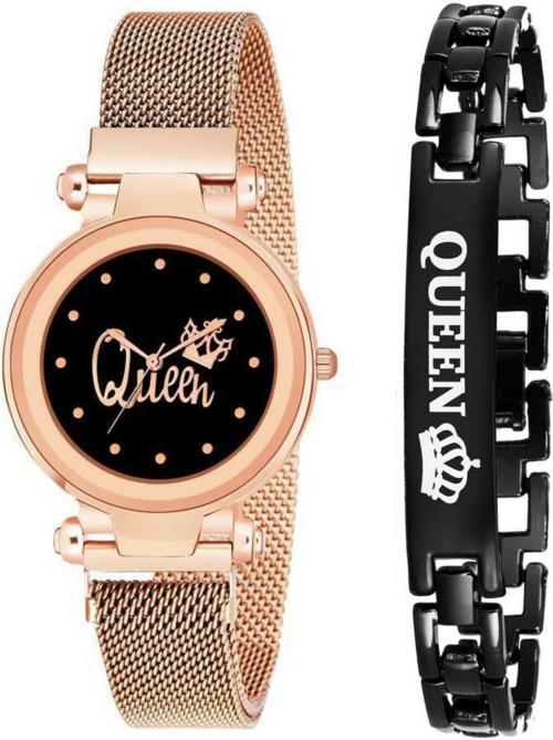 DAINTY Black Dial Rose Gold Strap Analog Watch For Girls