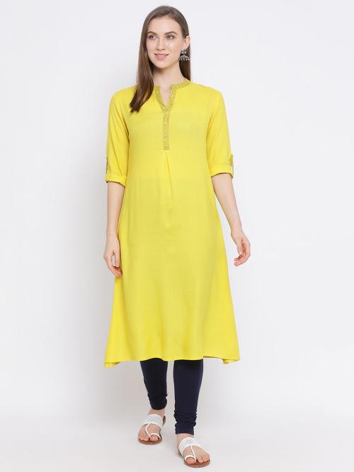Span Women Yellow Solid Pure Cotton A-Line Kurta - Na116