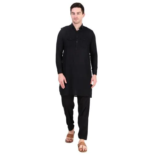 Preen Men Black Solid Cotton Blend Kurta and Salwar Set