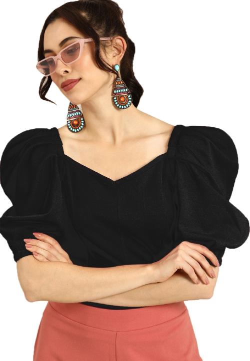 Clothzy Women's Crop Black Color V Neck Half Sleeve Polyester Solid Top