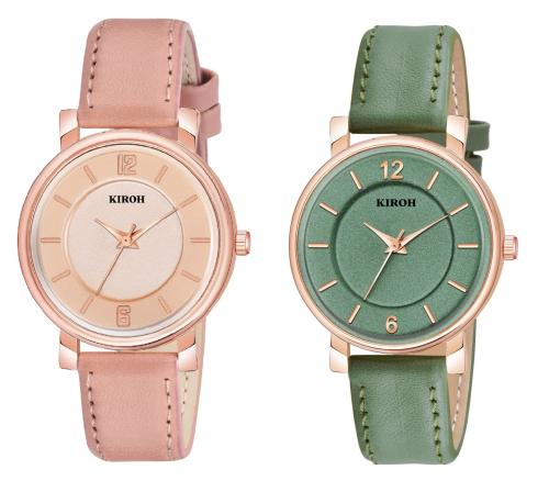 KIROH Peach & Green 6 to 12 Antique Dial Analogue Stylish Leather Strap Analoge Girls And Woman Combo Watches(Pack of 2,Peach -Green)