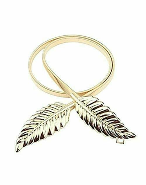 SATYAM KRAFT 1 Pcs women Skinny Stretch Leaf Metal Adjustable Latest Stylish Womens Waist Belt for Girls, Women Saree, Western Dress, Long Gown - Traditional Dresses(Leaf Belt_Golden) (Pack of 1)