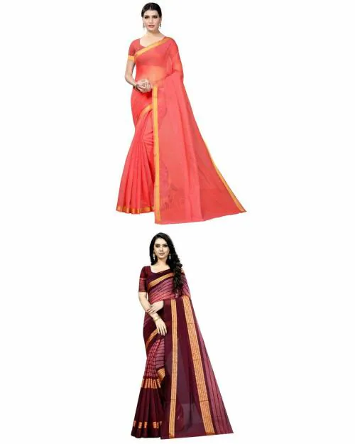 Vkaran Women's Peach & Maroon Colour Cotton Silk Saree With Blouse pack of 2