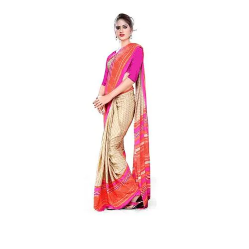 Uniform Sarees Corp Women's Premium Silk Crepe Front Office Uniform Saree With Blouse Piece